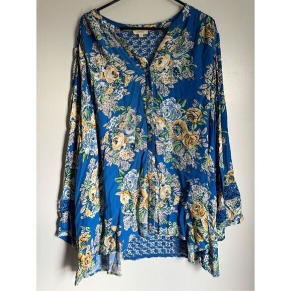 NEW ODDY blue floral crochet button front flowy tunic top sz 3X boho cottage lac - Picture 5 of 11